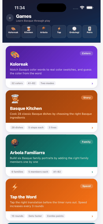 The games menu showing Koloreak, Basque Kitchen, Arbola Familiarra and more